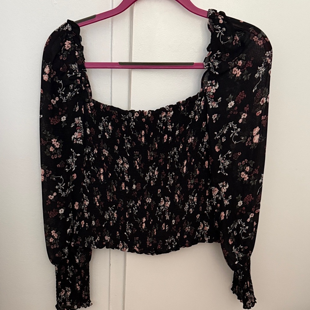 Reformation Black Floral Smocked Puff-Sleeve Crop Top